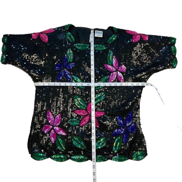 Vintage Sequin and Beaded Top, Black sequin with Hot Pink Flowers, Kelly Green - Picture 8 of 10